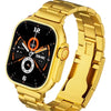This image features a modern and sleek smartwatch, known as the Apple Logo Watch 8 Ultra. The watch boasts a sophisticated design with a gold metal case and a matching gold strap that exhibits a textured pattern, enhancing its stylish appearance.