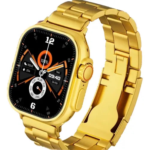 This image features a modern and sleek smartwatch, known as the Apple Logo Watch 8 Ultra. The watch boasts a sophisticated design with a gold metal case and a matching gold strap that exhibits a textured pattern, enhancing its stylish appearance.