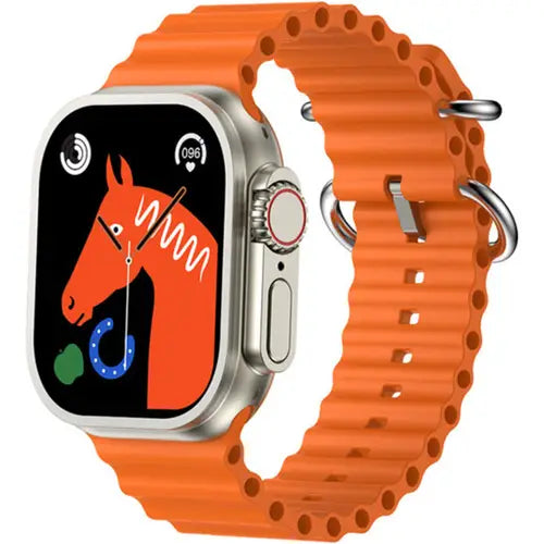 This image features a modern and sleek smartwatch, known as the Apple Logo Watch 8 Ultra. The watch boasts a sophisticated design with a silver metal case and a matching orange strap that exhibits a textured pattern, enhancing its stylish appearance.