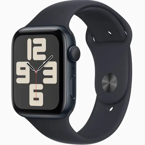 This image features the Apple Watch SE in a 44mm size, showcased with a sleek silver case and a matching silver band. The watch face displays a bold, analog dial with a simple design, enhancing its stylish yet functional appeal.