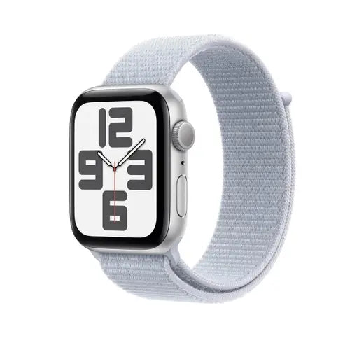 This image features the Apple Watch SE in a 44mm size, showcased with a sleek silver case and a matching silver band. The watch face displays a bold, analog dial with a simple design, enhancing its stylish yet functional appeal.