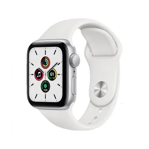 This image features the Apple Watch SE in a 44mm size, showcased with a sleek silver case and a matching silver band. The watch face displays a bold, analog dial with a simple design, enhancing its stylish yet functional appeal. 