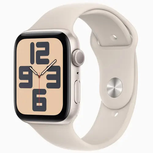 This image features the Apple Watch SE in a 44mm size, showcased with a sleek silver case and a matching silver band. The watch face displays a bold, analog dial with a simple design, enhancing its stylish yet functional appeal.