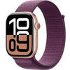 A purple Apple Watch Series 10 with an aluminum casing and a nylon band.