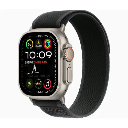This image features the Apple Watch Ultra 2 (2024) with a sleek metallic silver case and a light blue silicone band. The watch face is adorned with a digital display showing the time, date, and various health and fitness metrics.