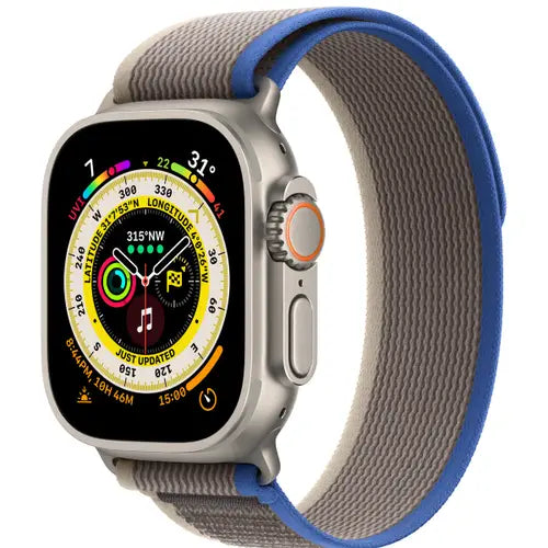 This image features the Apple Watch Ultra 49mm, showcasing its robust design and advanced functionality. The watch features a large, colorful digital display that provides detailed information such as heart rate, altitude, and speed, encapsulated within a sleek silver case.