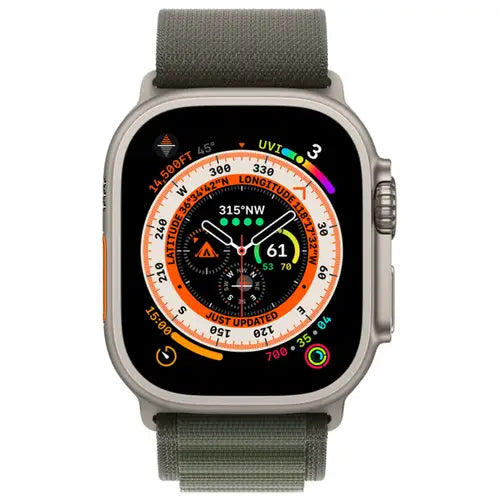 This image features the Apple Watch Ultra 49mm, showcasing its robust design and advanced functionality. The watch features a large, colorful digital display that provides detailed information such as heart rate, altitude, and speed, encapsulated within a sleek silver case.