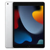 This image features the Apple iPad 9, showcasing its sleek design and versatile functionality. The iPad is displayed both from the front and back, presenting a clear and colorful screen with a variety of abstract shapes in different shades of blue, orange, and gray.