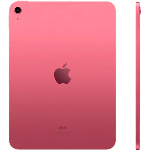 Apple iPad Air 5 in pink color showing back with apple logo on white background.