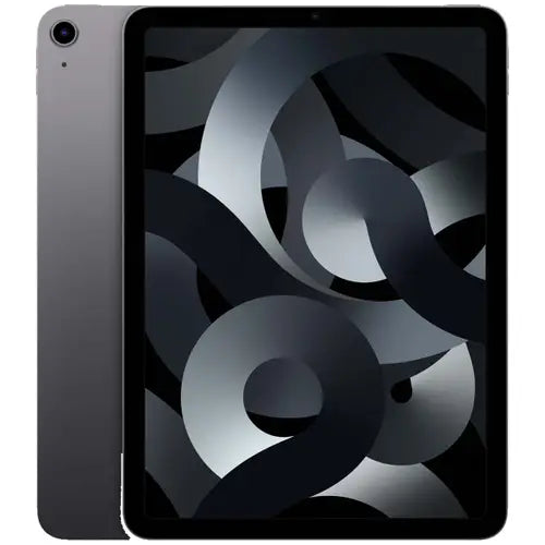 This image features the Apple iPad Air 5, presented in a striking grey color. The tablet is displayed in a landscape orientation, showcasing its vibrant screen filled with a colorful abstract wallpaper.