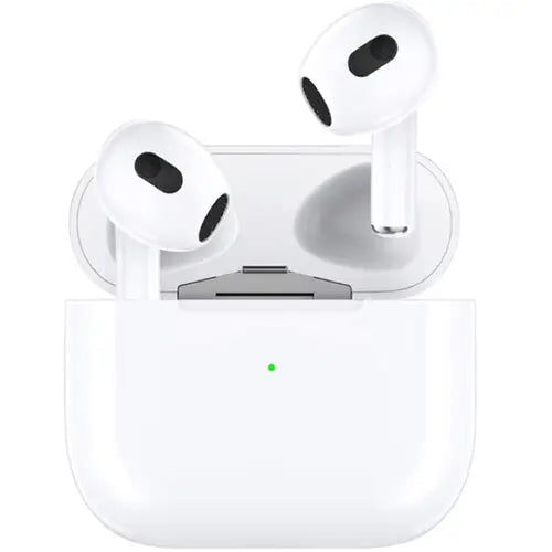 A pair of white Aspor A615 AirPods 3 earphones against a plain background.