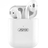 A pair of white Aspor A616 TWS Bluetooth earbuds in a charging case.