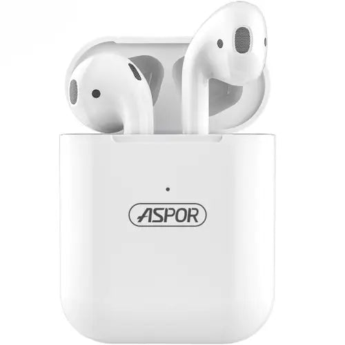 A pair of white Aspor A616 TWS Bluetooth earbuds in a charging case.