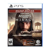 A cover image of Assassin's Creed Mirage Deluxe Edition for PS5, featuring a character with a hooded face and a sword.