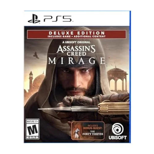 A cover image of Assassin's Creed Mirage Deluxe Edition for PS5, featuring a character with a hooded face and a sword.