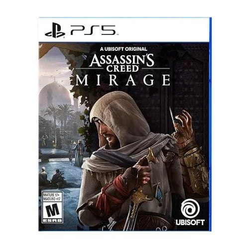 A cover image for Assassin’s Creed Mirage Standard Edition PS5 video game, showing a character in historical attire holding a sword.
