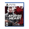 This image features the game "Atomic Heart PS5." The cover displays a male character with a serious expression, dressed in a tactical outfit and holding a gun, set against a backdrop with a splattered red and black design, suggesting a action-packed and intense gameplay.
