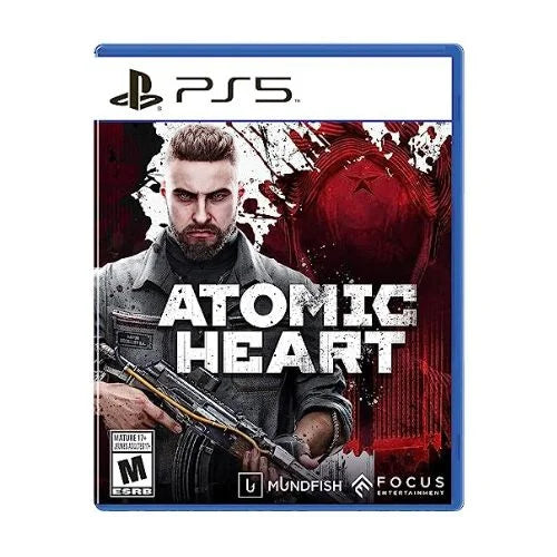 This image features the game "Atomic Heart PS5." The cover displays a male character with a serious expression, dressed in a tactical outfit and holding a gun, set against a backdrop with a splattered red and black design, suggesting a action-packed and intense gameplay.