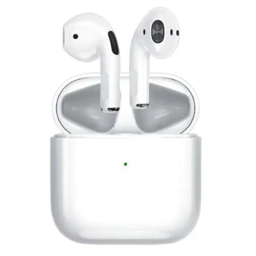 A pair of white Audionic Airbud 4 earphones in their charging case.