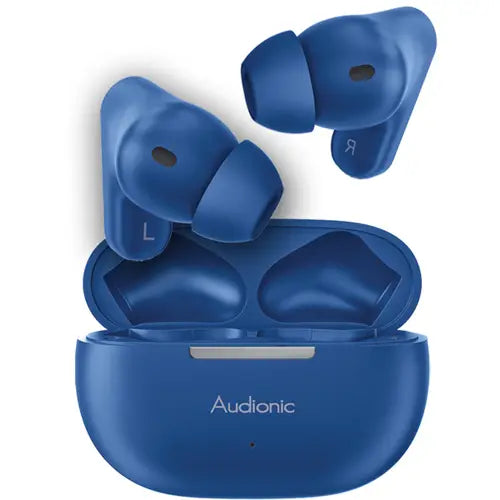 A pair of blue Audionic Airbud 435 Mini wireless earbuds in their charging case.
