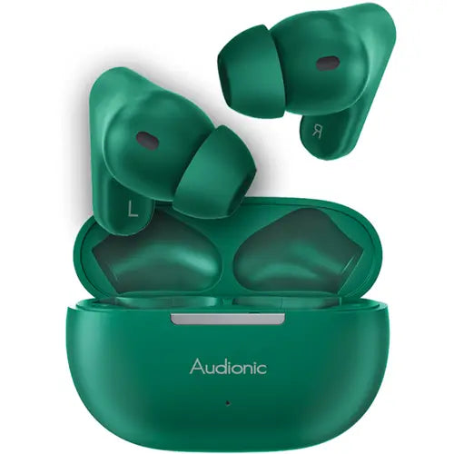 A pair of blue Audionic Airbud 435 Mini wireless earbuds in their charging case.