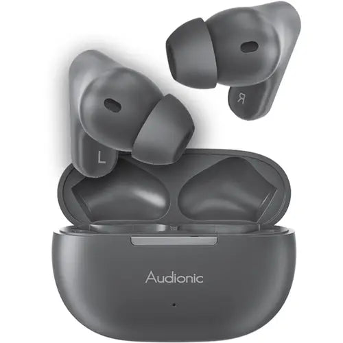 A pair of blue Audionic Airbud 435 Mini wireless earbuds in their charging case.