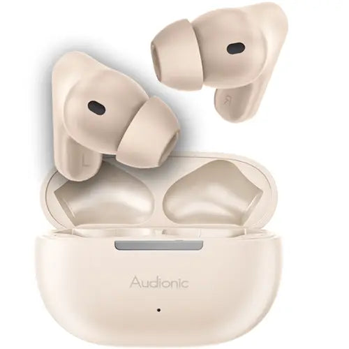 A pair of blue Audionic Airbud 435 Mini wireless earbuds in their charging case.