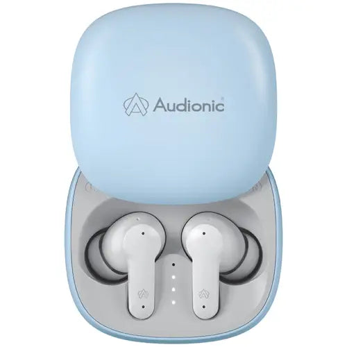 A pair of Audionic Airbud 550 in blue color, with a red charging case.