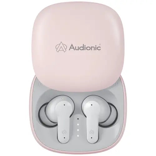 Pink Audionic Airbud 550 n a charging case on a white background