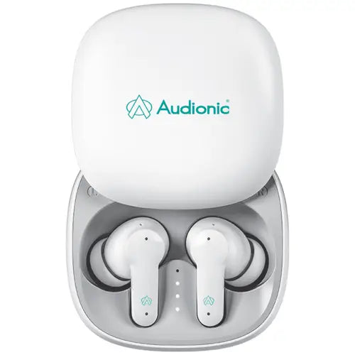 A pair of Audionic Airbud 550 in white color, with a red charging case.