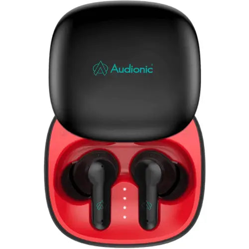 A pair of Audionic Airbud 550 earbuds in black color, with a red charging case.