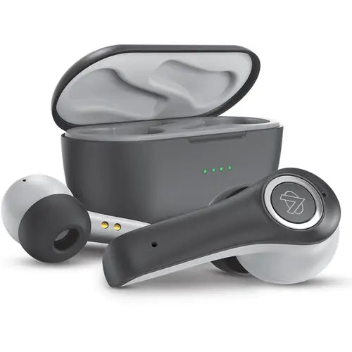 A pair of black Audionic Airbud 585 Wireless Earbuds wireless earbuds with a charging case, the earbuds are currently detached from the case.