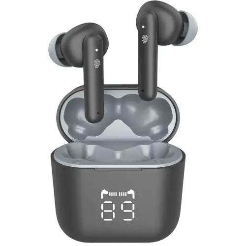 A pair of Airbud 590 Wireless Earbuds with a charging case, the earbuds are black and the case is green with a digital display.