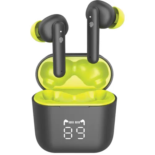 A pair of Airbud 590 Wireless Earbuds with a charging case, the earbuds are black and the case is black with a digital display.
