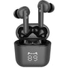 A pair of Airbud 590 Wireless Earbuds with a charging case, the earbuds are black and the case is green with a digital display.