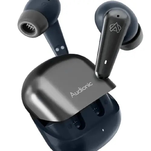 Black wireless earbuds with charging case on a white background, featuring the brand 'Audionic'. Audionic Airbud 595 Flip Earbuds