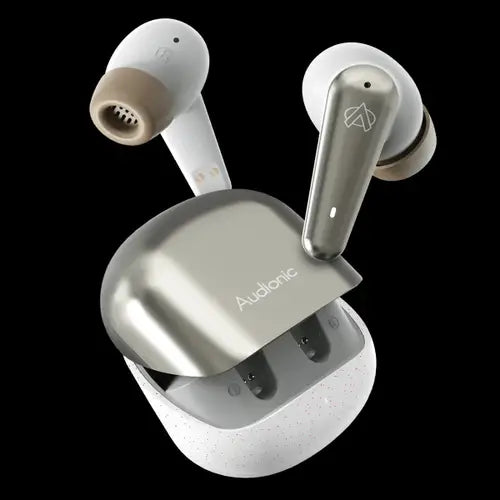 Wireless earbuds with charging case on a black background Audionic Airbud 595 Flip Earbuds