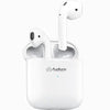 A pair of white wireless earbuds Audionic Airbud Two Wireless Earbuds in an transparent case with a carabiner clip. 2