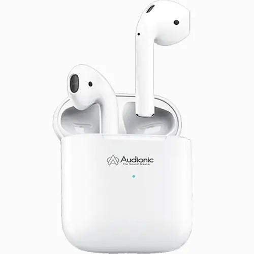 A pair of white wireless earbuds Audionic Airbud Two Wireless Earbuds in an transparent case with a carabiner clip. 2