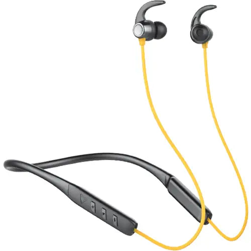 Audionic Supreme X10 Wireless Neckband with black and yellow color scheme, showing the in-ear part and the flexible neckband.