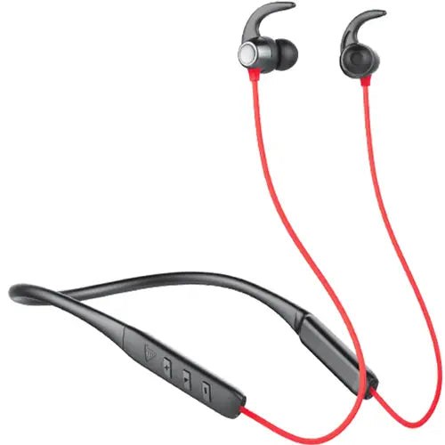 Audionic Supreme X10 Wireless Neckband with black and red color scheme, showing the in-ear part and the flexible neckband.