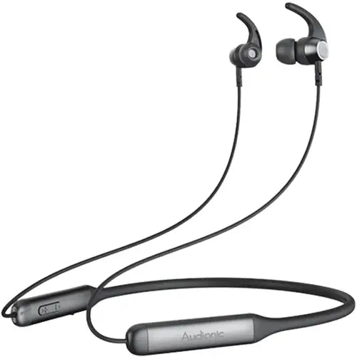 A black Audionic Supreme X20 wireless neckband with an in-ear design and a flexible neck strap.