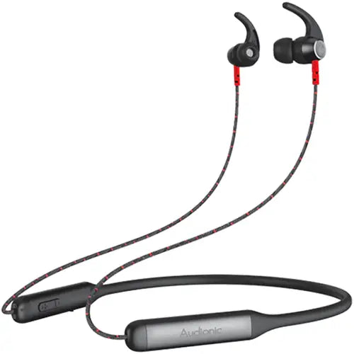 A balck and some use of red in Audionic Supreme X20 wireless neckband with an in-ear design and a flexible neck strap.