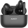 A pair of black Aukey TWS Wireless Earbuds (EP-M1S) in their charging case.