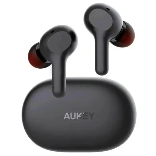 Aukey TWS Wireless Earbuds (EP-T25) in black color with a charging case.
