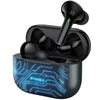 A pair of Awei T29 Pro wireless earbuds in black color, with a charging case featuring a blue circuit pattern.