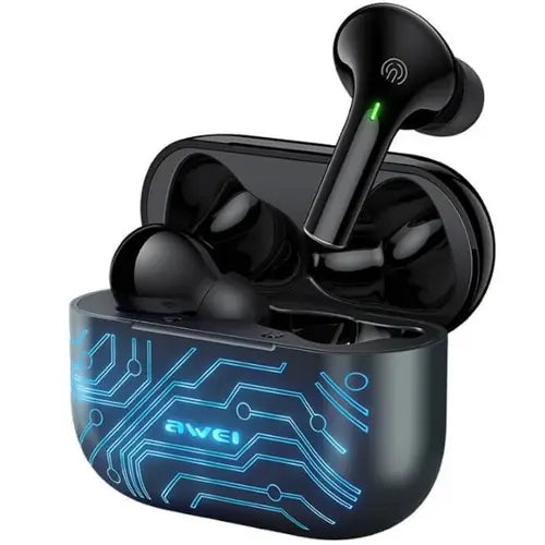 A pair of Awei T29 Pro wireless earbuds in black color, with a charging case featuring a blue circuit pattern.