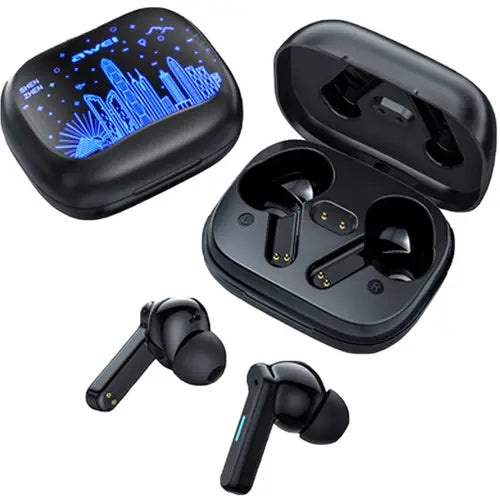 A set of black Awei T53 Pro Gaming Wireless Earbuds with a charging case, the earbuds are currently out of the case and displayed in front of the case.