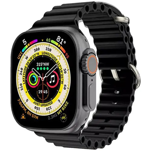 BML Ultra Max digital smart watch with a black band and case, displaying a colorful round dial with various metrics and a music note symbol.