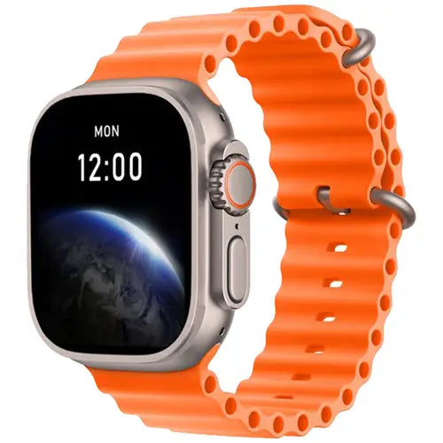 BML Ultra Max smartwatch with orange band on white background